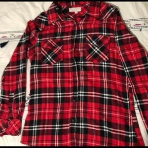 Red white and black plaid button up